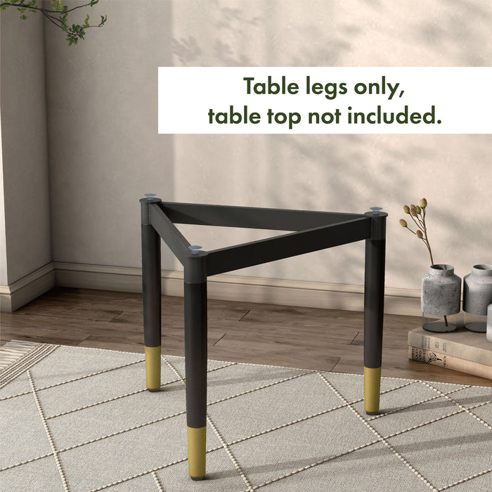 Informational image of a contemporary black three-legged triangle coffee table base (top not included)