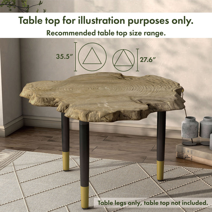 Informational image illustrating the tabletop size range of a contemporary black three-legged triangle coffee table base (top not included)