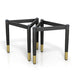 Right facing set of two contemporary black three-legged triangle coffee table bases (top not included) on a white background