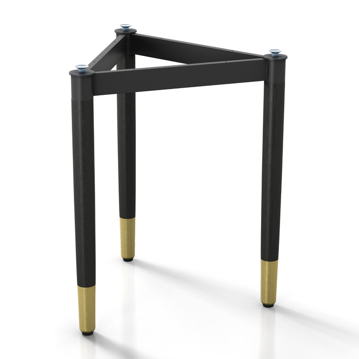 Right facing contemporary black three-legged triangle end table base (top not included) on a white background