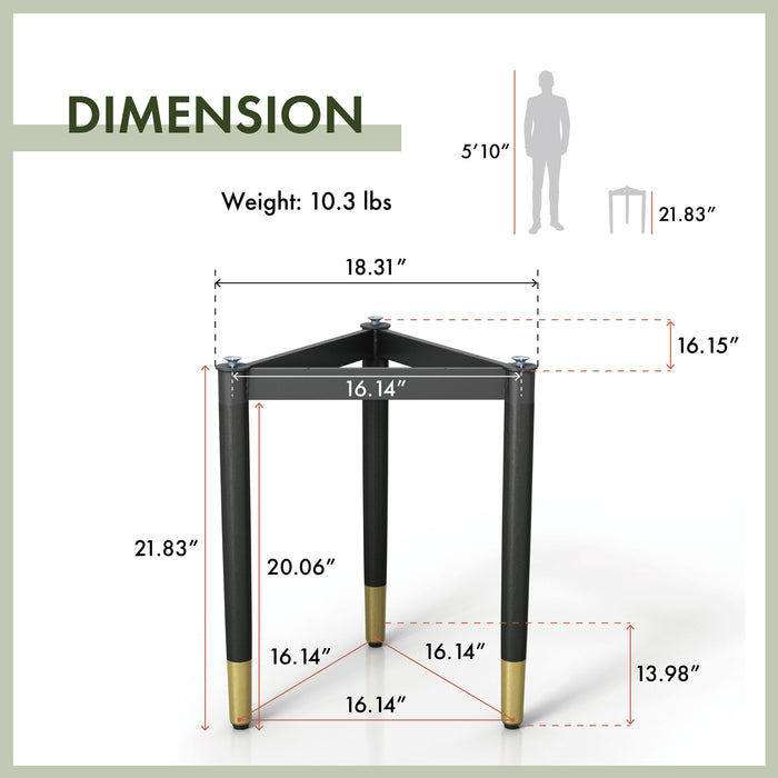Informational image of the dimensions of a contemporary black three-legged triangle end table base (top not included)