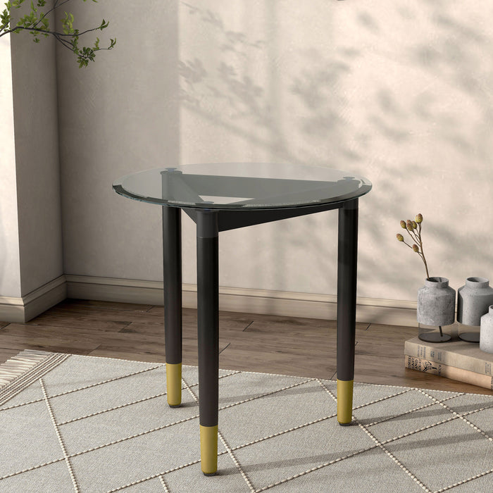 Right facing contemporary black three-legged triangle end table base (top not included) shown with a top on in a room with accessories