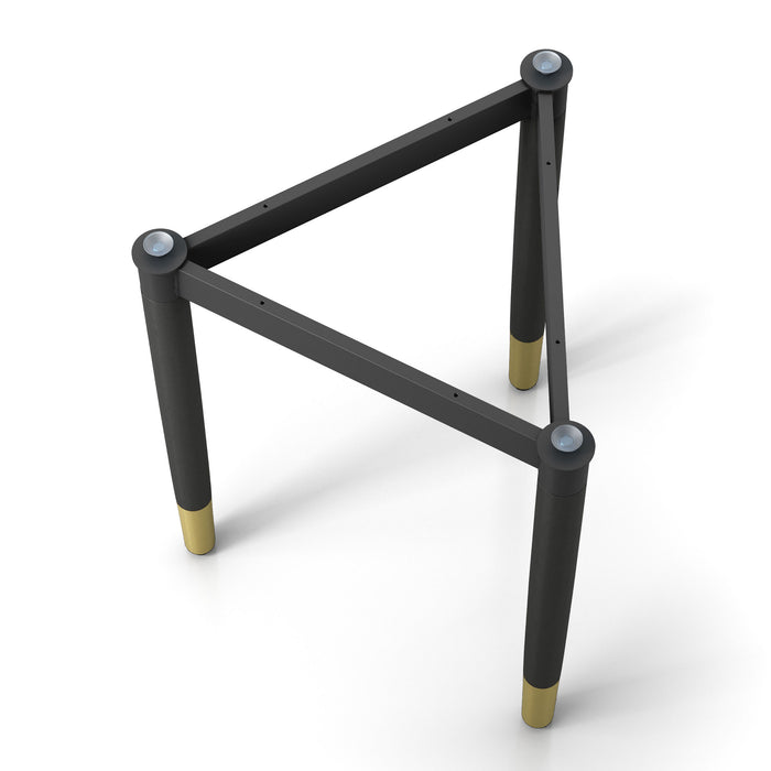 Right facing bird's eye view of a contemporary black three-legged triangle end table base (top not included) on a white background