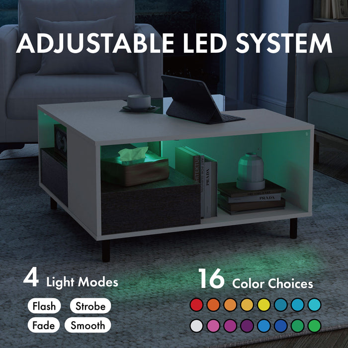 Informational image of the adjustable LED lighting of a contemporary white and brown storage coffee table with a glass inset and LED lighting