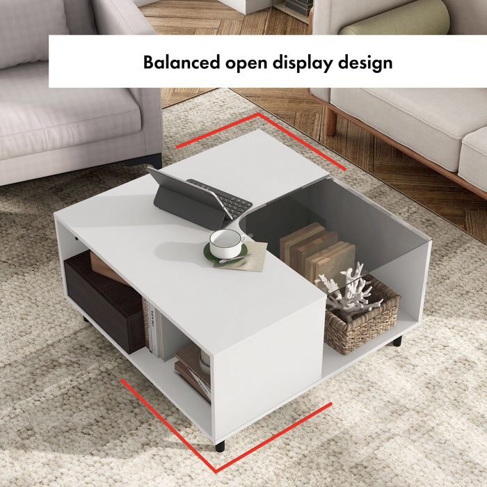 Informational image of the balanced display of a contemporary white and brown storage coffee table with a glass inset and LED lighting