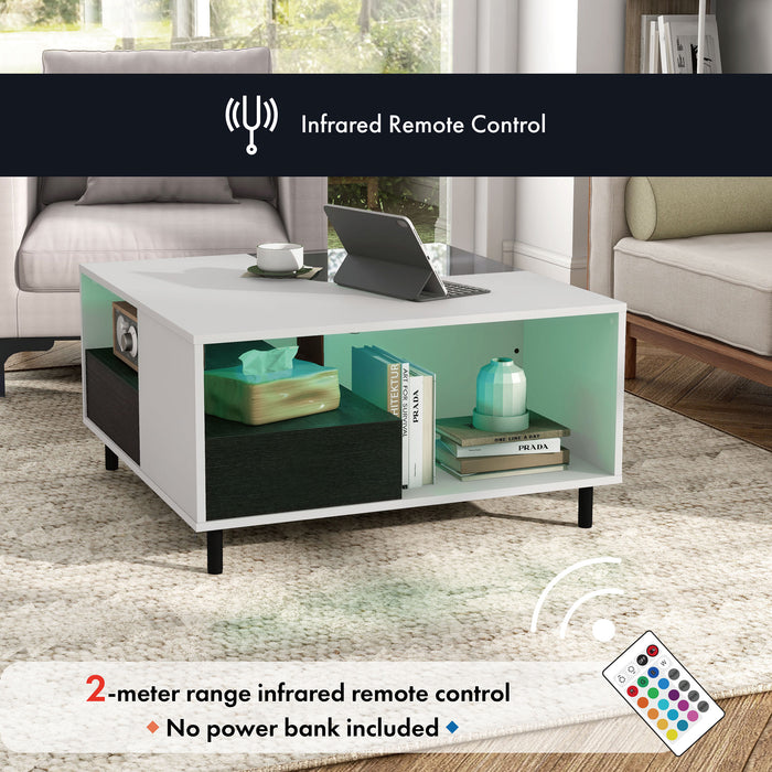 Informational image of the remote control of a contemporary white and brown storage coffee table with a glass inset and LED lighting