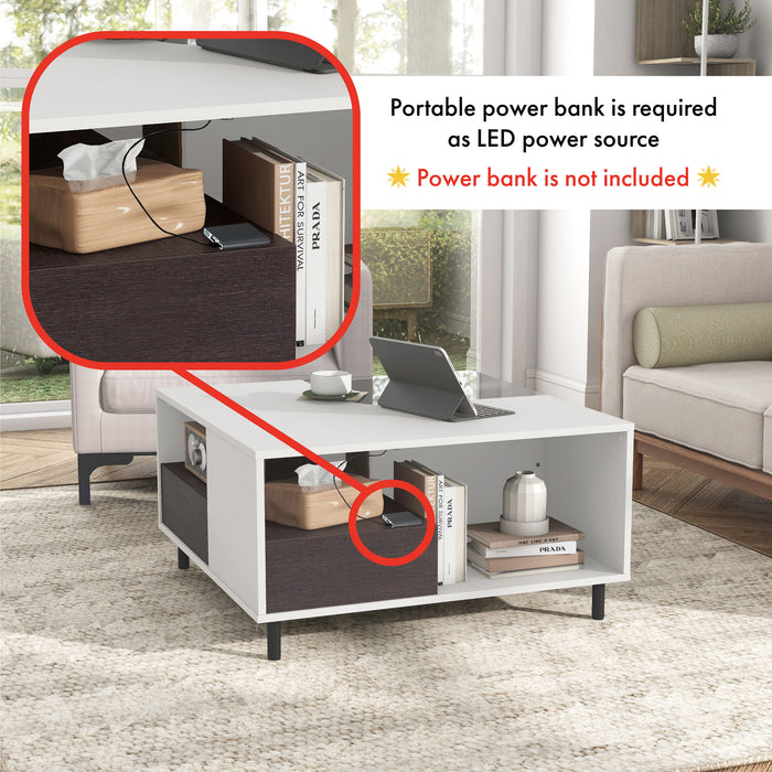 Informational image of the power bank required (not included) by a contemporary white and brown storage coffee table with a glass inset and LED lighting