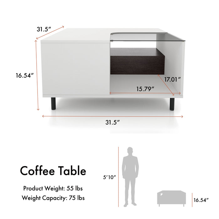 Informational image of the dimensions of a contemporary white and brown storage coffee table with a glass inset and LED lighting