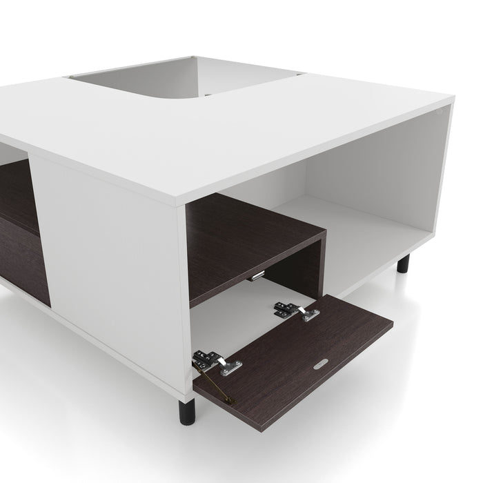Right facing close up of the flip-compartment of a contemporary white and brown storage coffee table with a glass inset and LED lighting on a white background