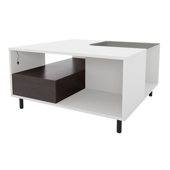 Left facing a contemporary white and brown storage coffee table with a glass inset and LED lighting on a white background