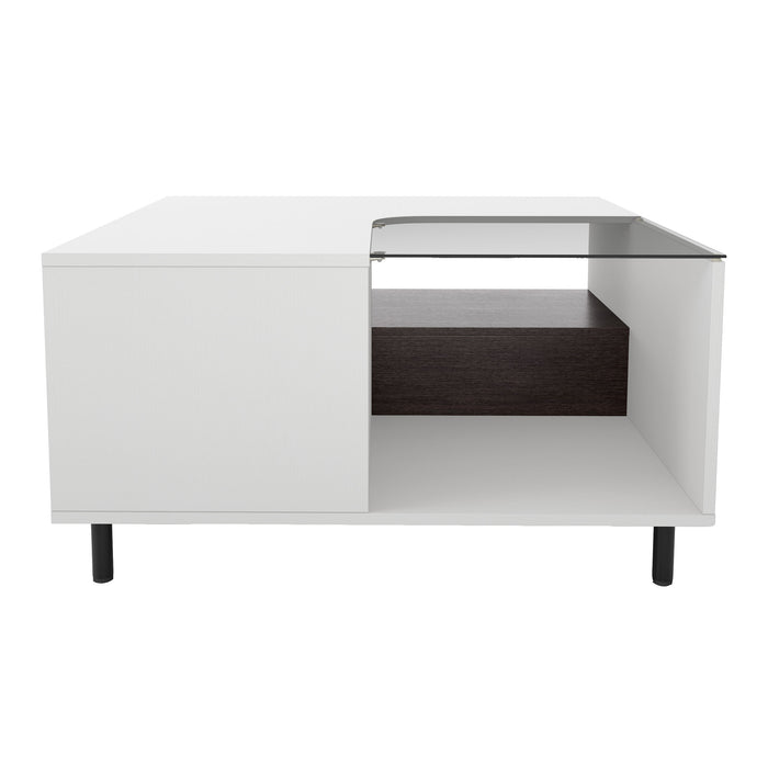 Front facing a contemporary white and brown storage coffee table with a glass inset and LED lighting on a white background
