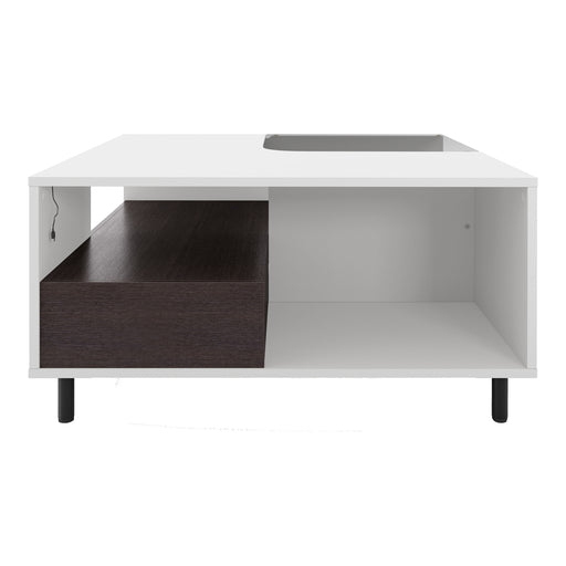 Front facing a contemporary white and brown storage coffee table with a glass inset and LED lighting on a white background