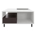 Front facing a contemporary white and brown storage coffee table with a glass inset and LED lighting on a white background
