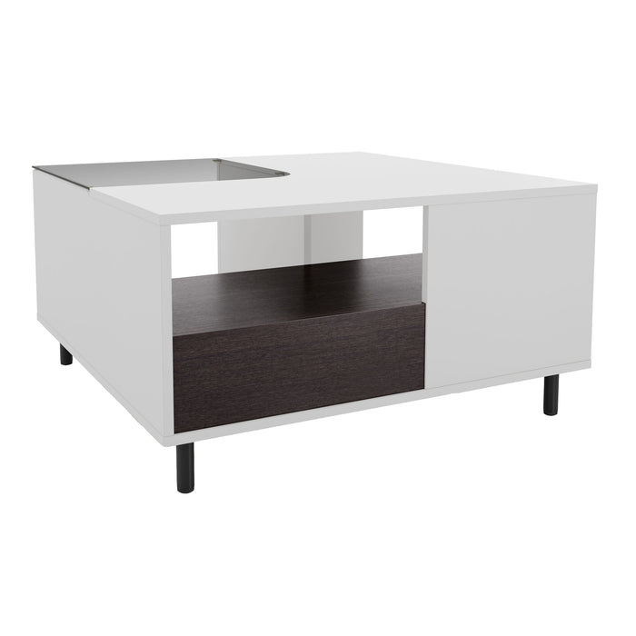 Right facing a contemporary white and brown storage coffee table with a glass inset and LED lighting on a white background