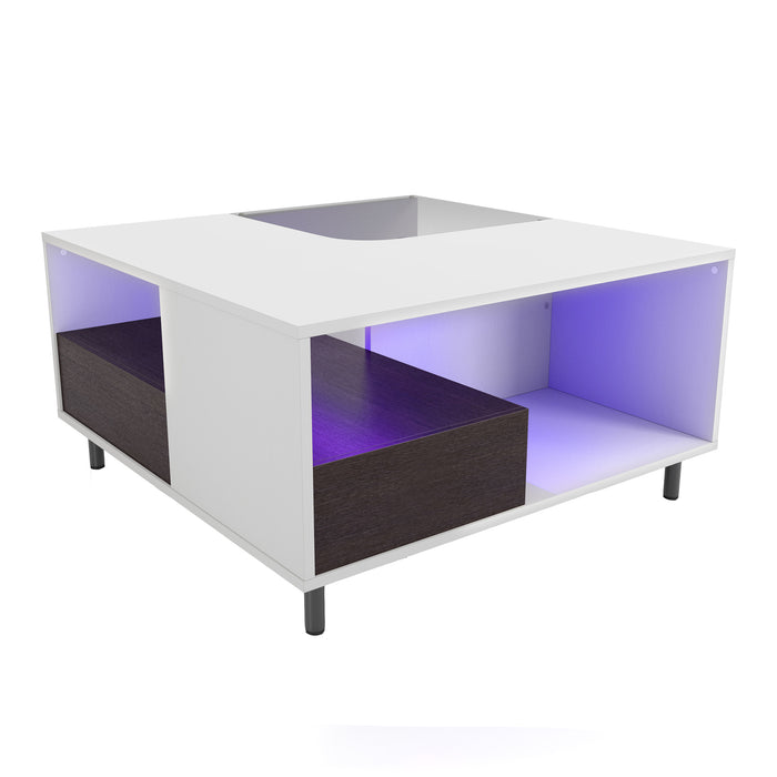 Right facing a contemporary white and brown storage coffee table with a glass inset and LED lighting on a white background