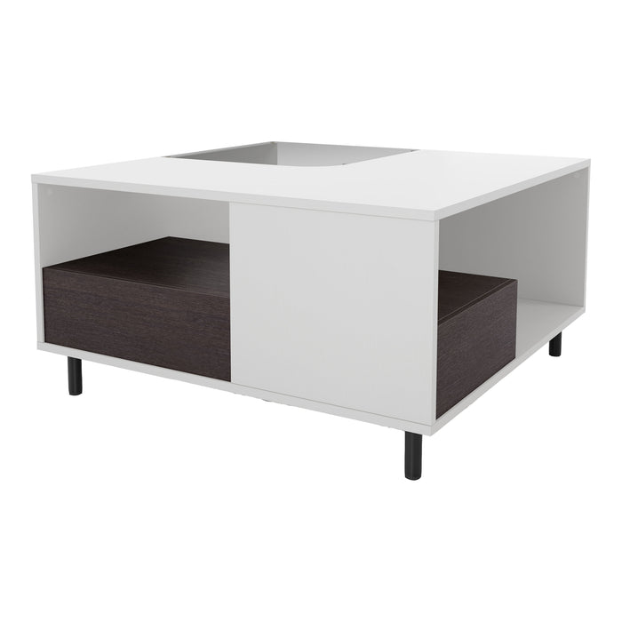 Left facing a contemporary white and brown storage coffee table with a glass inset and LED lighting on a white background