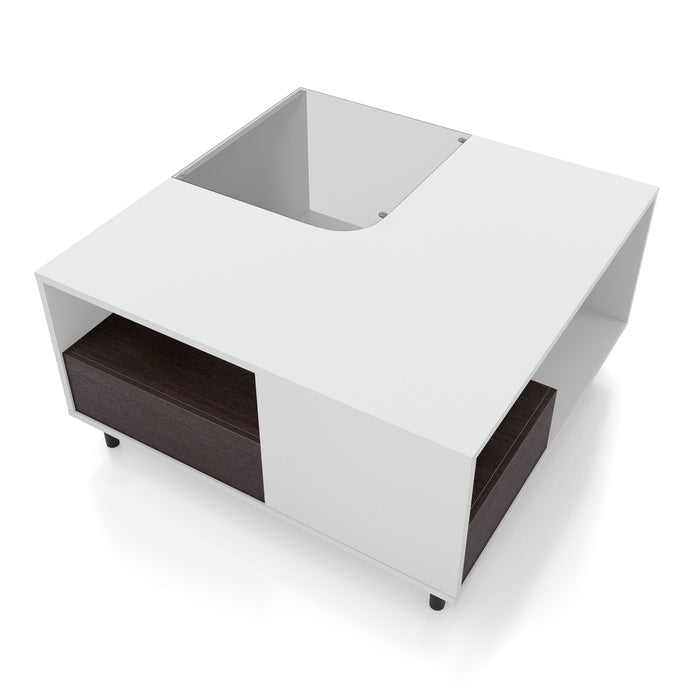 Left facing bird's eye view of a contemporary white and brown storage coffee table with a glass inset and LED lighting on a white background