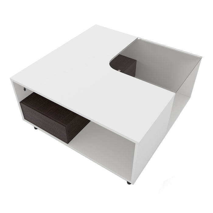 Left facing bird's eye view of a contemporary white and brown storage coffee table with a glass inset and LED lighting on a white background