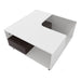 Left facing bird's eye view of a contemporary white and brown storage coffee table with a glass inset and LED lighting on a white background