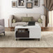 Front facing a contemporary white and brown storage coffee table with a glass inset and LED lighting in a room with accessories