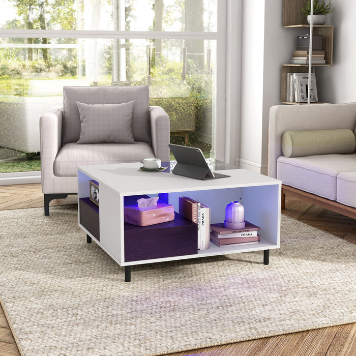 Left facing contemporary white and brown storage coffee table with a glass inset and LED lighting in a room with accessories