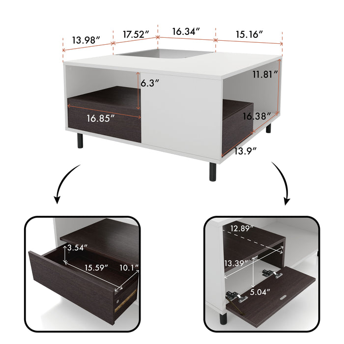 Informational image of the dimensions of a contemporary white and brown storage coffee table with a glass inset and LED lighting