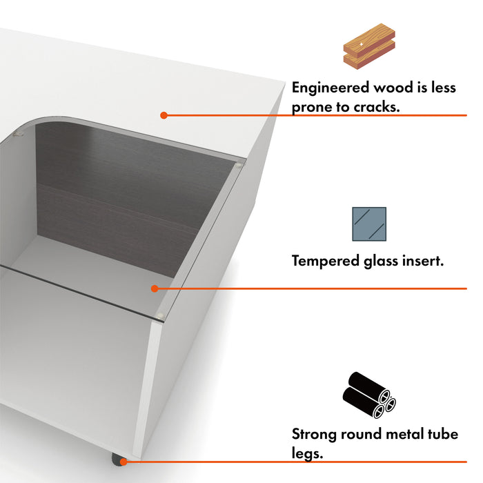 Informational image of the materials of a contemporary white and brown storage coffee table with a glass inset and LED lighting
