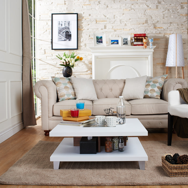 Contemporary Duo-Leveled White Coffee Table