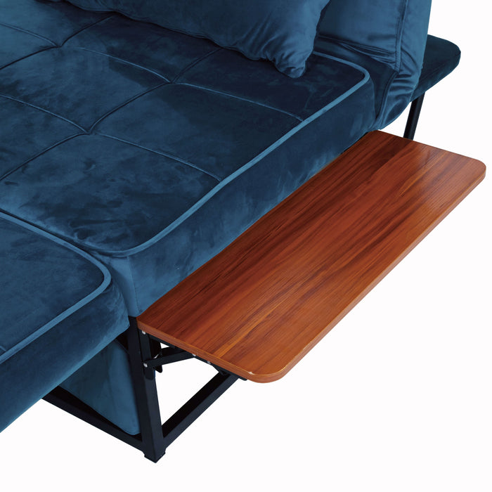 Built-in side table on a navy blue convertible ottoman.