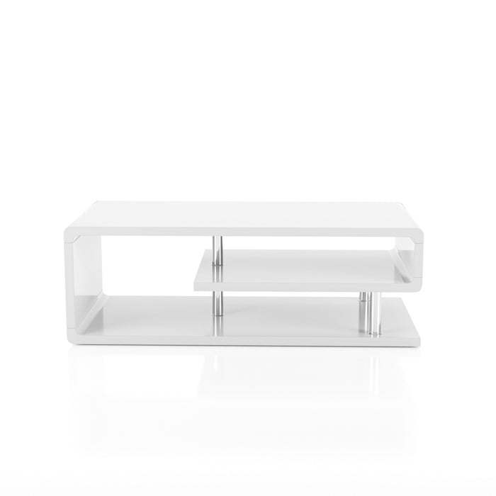 Front-facing contemporary white geometric coffee table on a white background