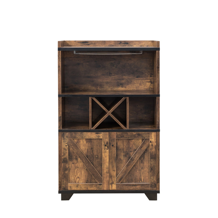 Front-facing distressed wood wine bar cabinet against a white background. Two hanging stemware racks, an X wine rack and barndoor cabinets create a rustic look.
