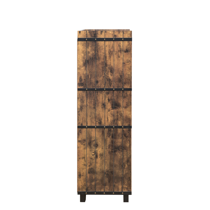 Right-facing distressed wood wine bar cabinet against a white background. The plank-style side panel is accented with studs for a rustic look.