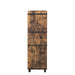Right-facing distressed wood wine bar cabinet against a white background. The plank-style side panel is accented with studs for a rustic look.