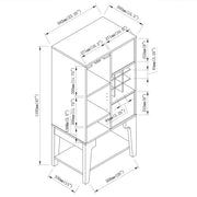 Line drawing for contemporary white oak multi-shelf wine cabinet on a white background with dimensions