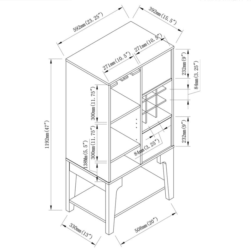 Line drawing for contemporary white oak multi-shelf wine cabinet on a white background with dimensions