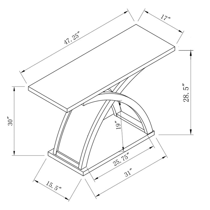 Right angled transitional white oak console table line drawing with dimensions on a white background