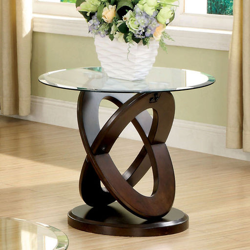 Atwood Dark Walnut Finish Round Glass Top End Table