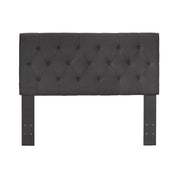 Front-facing grey fabric upholstered headboard on a white background. The streamlined design and diamond-shaped button tufting is a modest traditional look.