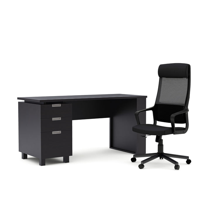 Angled espresso computer desk and desk chair set against a white background. The left side of the desk holds 3 drawers with grey pulls while the chair features a headrest and lumbar support.