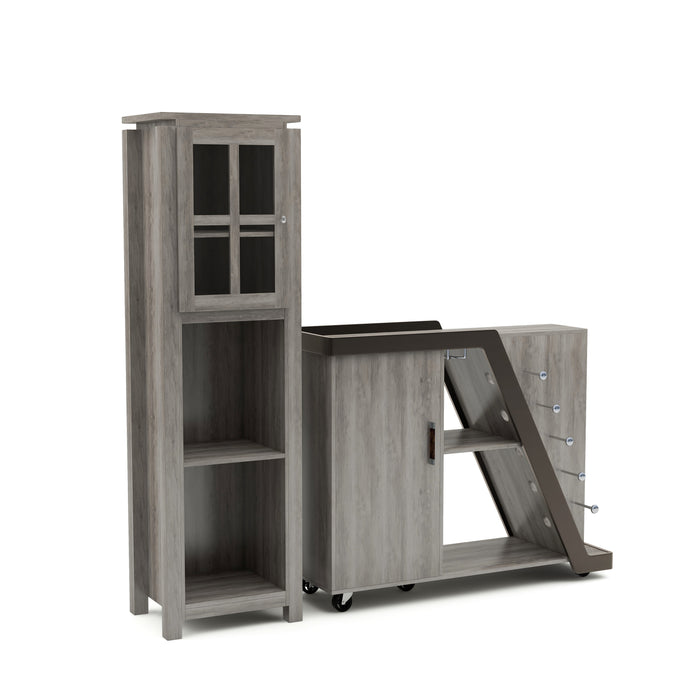 Right-angled vintage grey oak and wenge wine rack and tower against a white background. The tower presents a window cabinet and two lower shelves. To its right is a mobile buffet with a 5-bottle diagonal wine rack and a hanging stemware rack. Beneath the lipped top of the server are a cabinet and shelf.