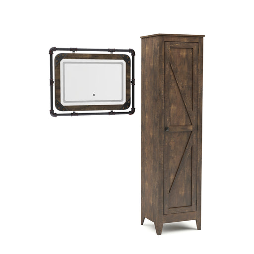 Right-angled rustic reclaimed oak cabinet and pipe-framed mirror sit against a white background. Corner bolt accent the mirror while an LED light ring is available via touch activated button on the bottom of the glass. The cabinet offers a barn-style door on tapered feet.