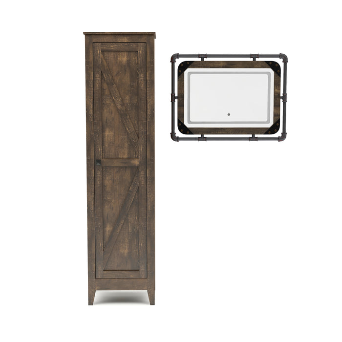 Straight-facing rustic reclaimed oak cabinet and pipe-framed mirror sit against a white background. Corner bolt accent the mirror while an LED light ring is available via touch activated button on the bottom of the glass. The cabinet offers a barn-style door on tapered feet.