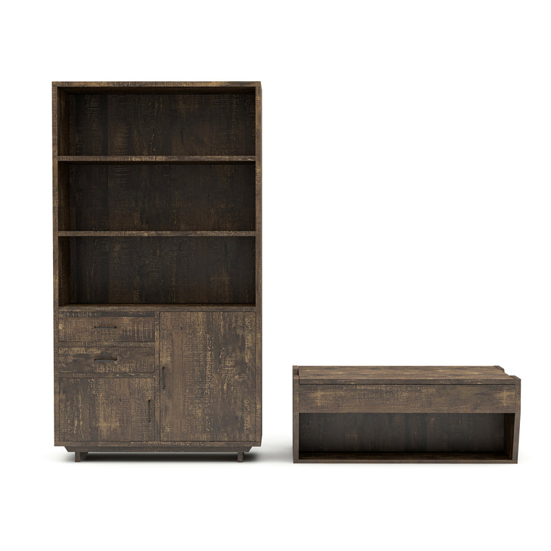 Front-facing reclaimed oak storage coffee table and bookcase against a white background. The chest-like coffee table features an open shelf on the base frame. The matching bookcase offers 3 spacious shelves, 2 drawers, and 2 cabinets.