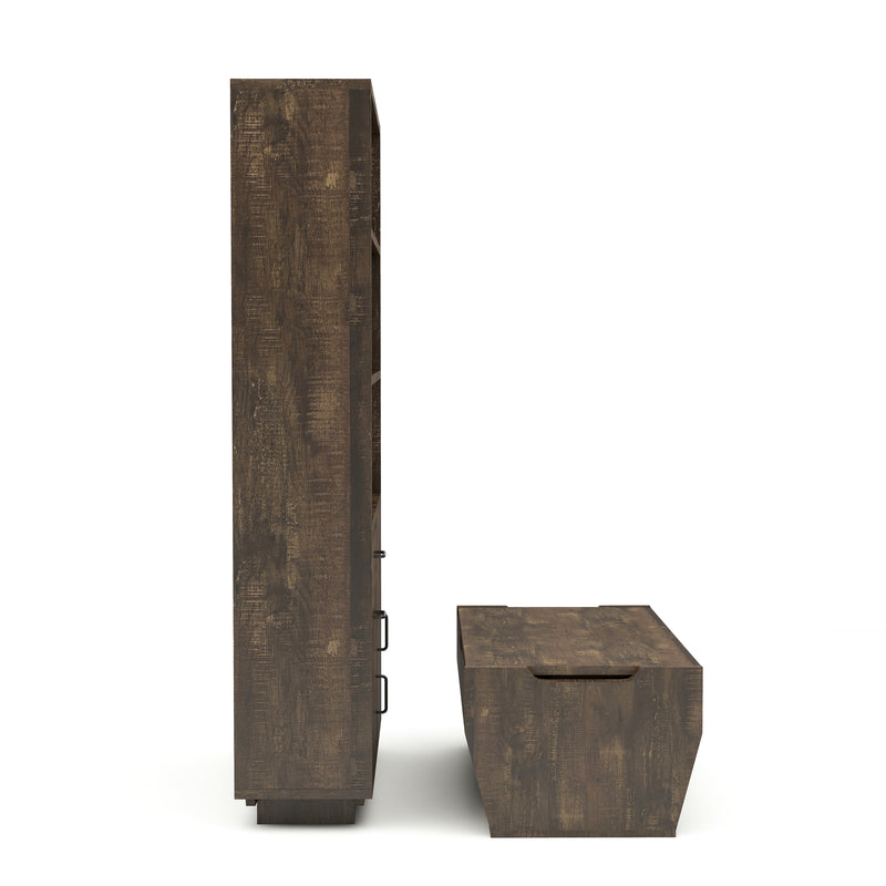 Right-facing reclaimed oak storage coffee table and bookcase against a white background.