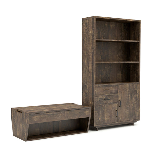 Right-angled reclaimed oak storage coffee table and bookcase against a white background. The chest-like coffee table features an open shelf on the base frame. The matching bookcase offers 3 spacious shelves, 2 drawers, and 2 cabinets.