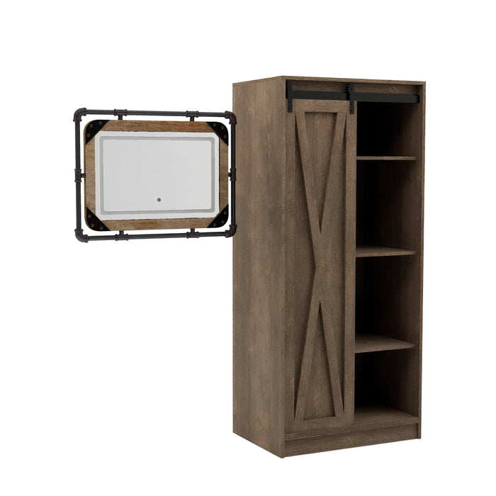 Right-angled rustic walnut oak armoire and pipe-framed mirror sit against a white background. Corner bolt accent the mirror while an LED light ring is available via touch activated button on the bottom of the glass. The armoire offers an X-planked barndoor on an upper metal railing, while four open shelves stack on the right-hand side.