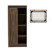 Straight-facing rustic walnut oak armoire and pipe-framed mirror sit against a white background. Corner bolt accent the mirror while an LED light ring is available via touch activated button on the bottom of the glass. The armoire offers an X-planked barndoor on an upper metal railing, while four open shelves stack on the right-hand side.