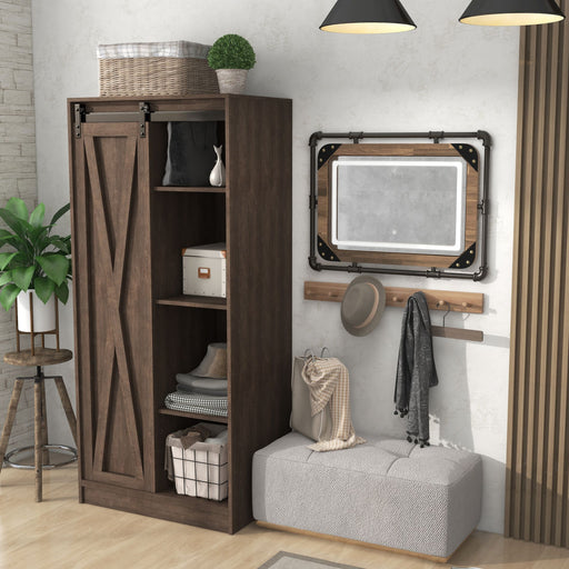 Straight-facing rustic walnut oak armoire and pipe-framed mirror sit against a white background. Corner bolt accent the mirror while an LED light ring is available via touch activated button on the bottom of the glass. The armoire offers an X-planked barndoor on an upper metal railing, while four open shelves stack on the right-hand side.