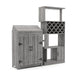 Right-angled vintage grey oak wine bar set against a white background. The wine bar is a barnhouse inspired design with a saloon-style double-door cabinet. Two stemware racks and an 11-bottle trellis wine rack add convenience to the set.