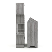 Right-facing vintage grey oak wine bar set against a white background. The wine bar is a barnhouse inspired design with a roof and the wine rack presents open shelves.